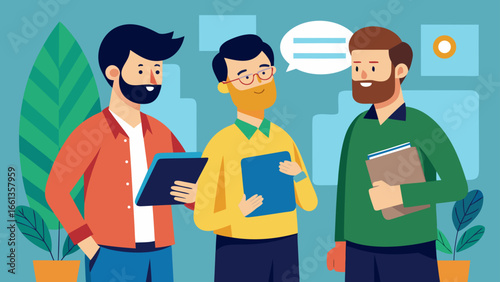 Three men standing in a room with plants and speech bubble holding tablets and folders talking to each other