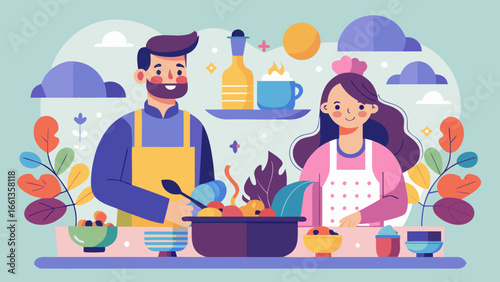 Illustration of a couple cooking together in a kitchen with various food items and kitchenware around them