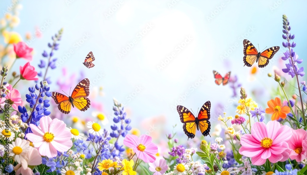 Vibrant spring flowers and butterflies