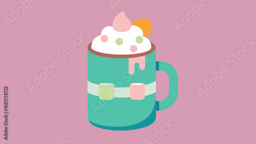 Illustration of a cute teal mug filled with whipped cream and toppings on a pink background