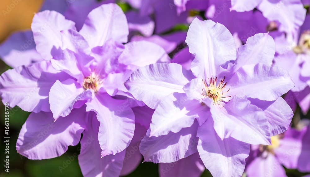 Fototapeta premium Close-up display of blooming purple clematis flowers displaying intricate petal structure and