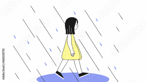 Illustration of a woman with black hair and yellow dress walking in the rain on a white background