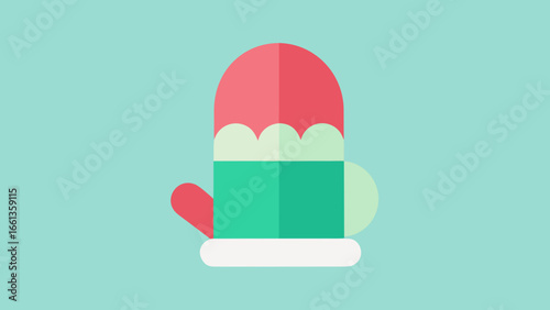 Illustration of a winter mitten with red top and green body against a light blue background color