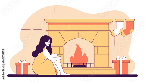 Woman sitting by a fireplace with gifts and stockings hanging up in a cozy christmas setting scene