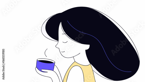 Woman with long dark hair holding a blue cup with steam rising in a minimalist illustration style