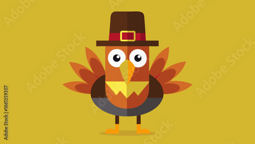 Cartoon thanksgiving turkey with pilgrim hat on a yellow background in a flat design style