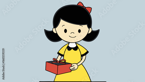 Cartoon girl with black hair and yellow dress holding a red gift box with a bow on a gray background