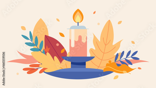 Illustration of a candle on a blue stand surrounded by colorful leaves and foliage design element