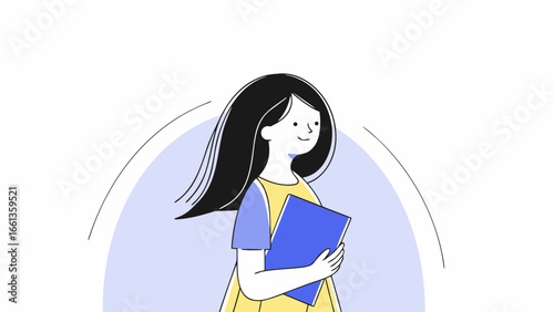 Illustration of a young woman with long black hair holding a blue folder and smiling softly forward