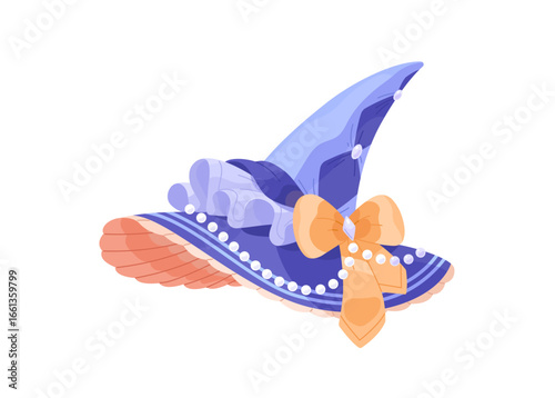 Magic pointed hat decorated with ribbon bow. Blue mage cap, cute witch head accessory, pointy headgear. Magician headwear, Halloween costume. Flat isolated vector illustration on white background