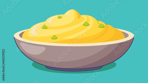 A bowl of yellow mashed potatoes with green toppings on a blue background illustration art