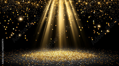Golden confetti, spotlight beams, dark background