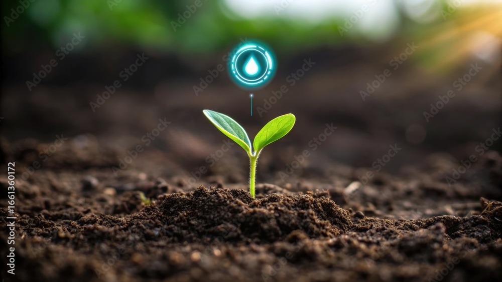 Fototapeta premium A sprouting plant emerges from soil with a digital water droplet icon above it.