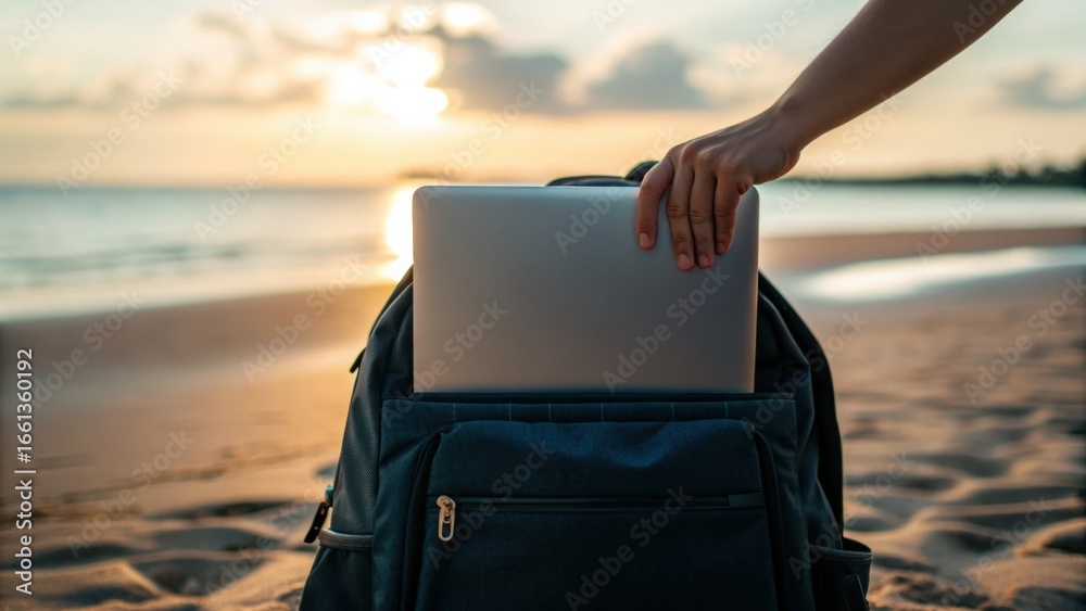 Fototapeta premium A person places a laptop into a backpack on a sandy beach at sunset.