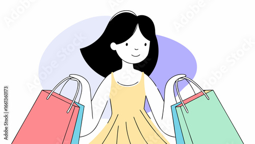 Illustration of a woman with black hair holding shopping bags after a successful shopping trip