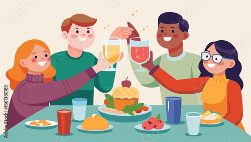 Group of friends toasting drinks around a table filled with food and drinks in a celebratory scene