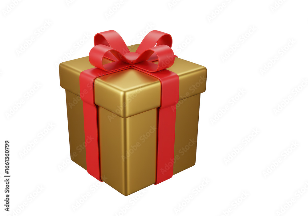 Fototapeta premium Isolated 3D Render of a Gold Gift Box with a Red Ribbon, Celebration and Present Concept