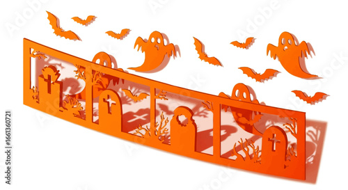 Orange Halloween decoration featuring a graveyard scene with tombstones, ghosts, and bats cut out.
