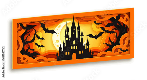Halloween themed paper cut-out design of a castle silhouette against an orange and yellow sunset, with bats and trees.
