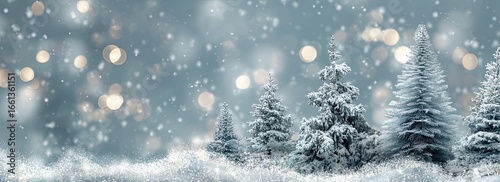 Snowy winter landscape with frosted evergreen trees and soft bokeh lights