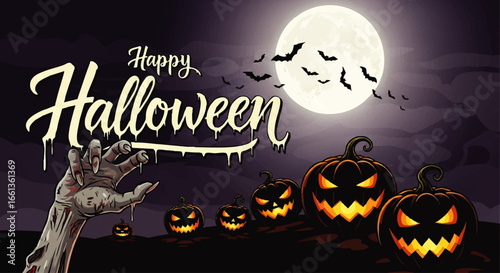 Halloween graphic with a zombie hand reaching out over pumpkins and a full moon.