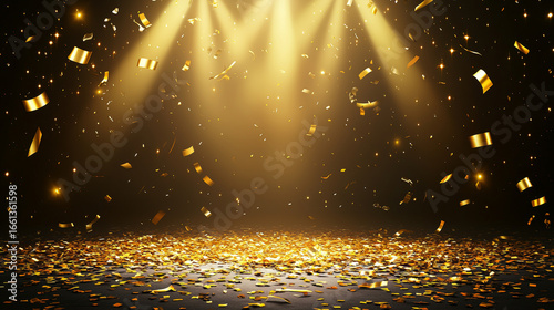 Golden confetti falls under spotlights, creating a celebratory scene