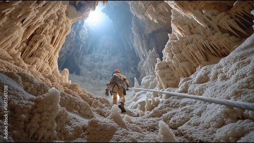 Caving adventure explorer descending into a stunning crystal cave natural wonder sci-fi fantasy environment dramatic viewpoint
