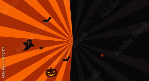 Halloween-themed background with radiating stripes, pumpkins, ghosts, bats, and spiders.