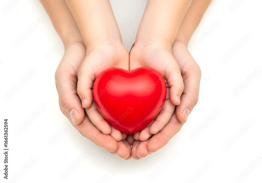 Fototapeta premium Child and adult hands holding a red heart together