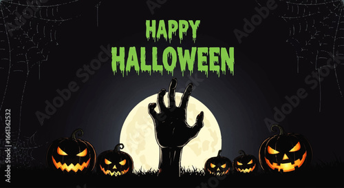 A zombie hand emerges from the ground before a full moon, surrounded by grinning jack-o'-lanterns, wishing a Happy Halloween.