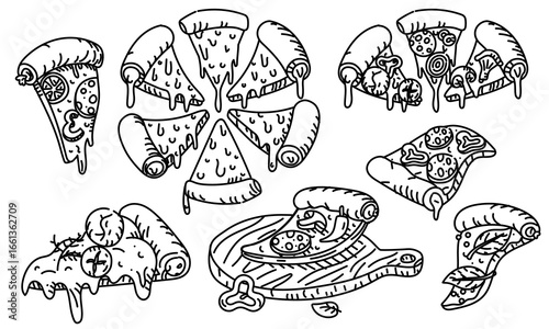 A variety of pizzas in the doodle style. Pizzas with various toppings in different positions. Pizza slices. Grunge, engraving, monochrome drawing with black lines on a white background.