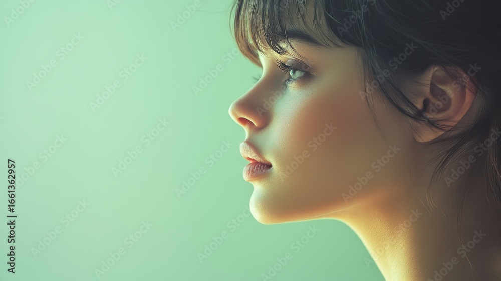 Naklejka premium Young woman in studio portrait, serene and pensive mood
