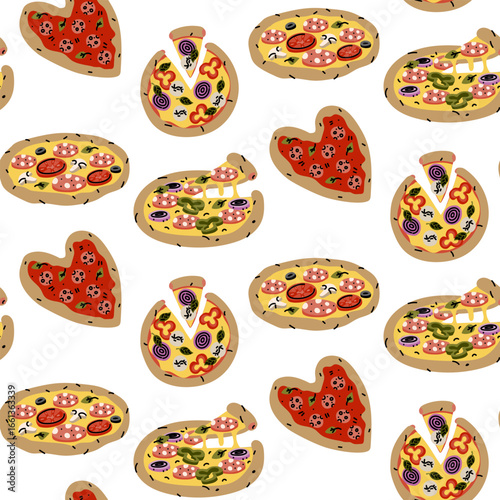 pattern of Various types of pizza. Round, with a cut-off piece, in shape of heart. Ready-to-eat pizza. Flat color illustration with doodle lines in seamless texture. Marketing of an Italian pizzeria