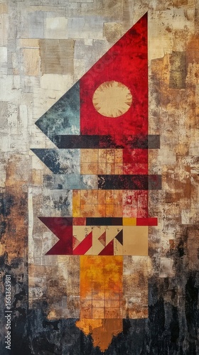 Abstract geometric artwork with textured layers featuring red gold and blue shapes painting modern contemporary