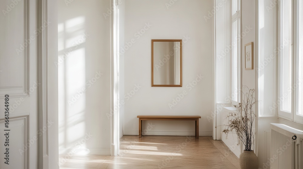 Fototapeta premium Serene hallway with mirror, bench, and dried flowers in vase