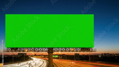 Green screen billboard over a highway at dusk. It is a stock photo for video, television, film, and production use.

