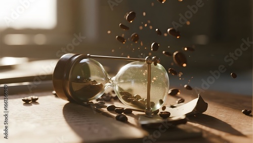 An hourglass tipped over with sand spilling out, symbolizing the passage of time.