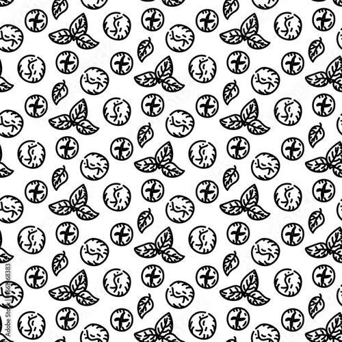 Pattern of mozzarella cheese, cherry tomatoes, spinach leaves, and mint leaves. Engraving, monochrome hand-drawn pattern with seamless texture. Fresh pizza topping, snack.