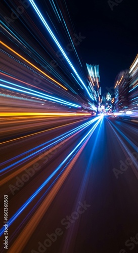 Streaks of light paint a dynamic cityscape at night, conveying speed and motion.
