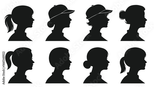 Female profiles diverse hairstyles headwear silhouette