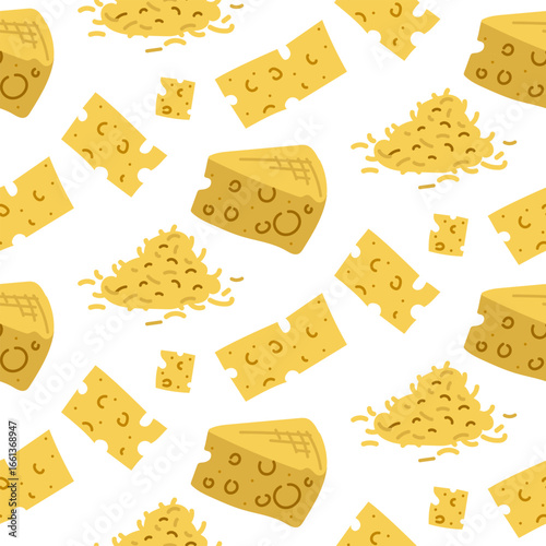pattern of different-sized cheese slices and grated cheese. A triangular piece, thin slices of different lengths, and a handful of grated cheese. cheese paradise. flat, colorful, seamless texture.