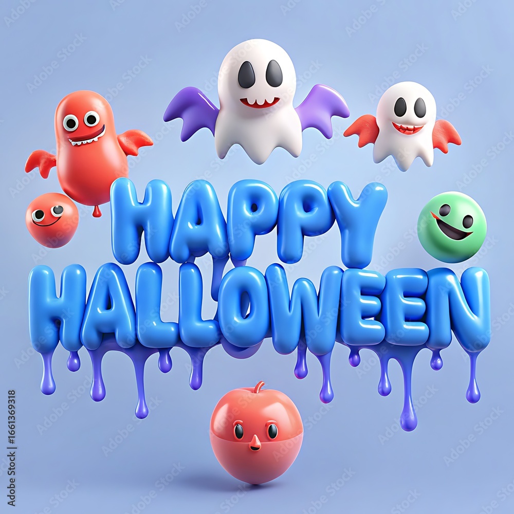 Obraz premium Whimsical 3d happy halloween message with cute cartoon ghosts and pumpkins on a blue background