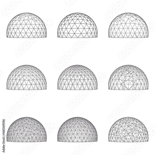 Geodesic dome hemisphere wireframe set, polygon mesh half‑sphere grid icons