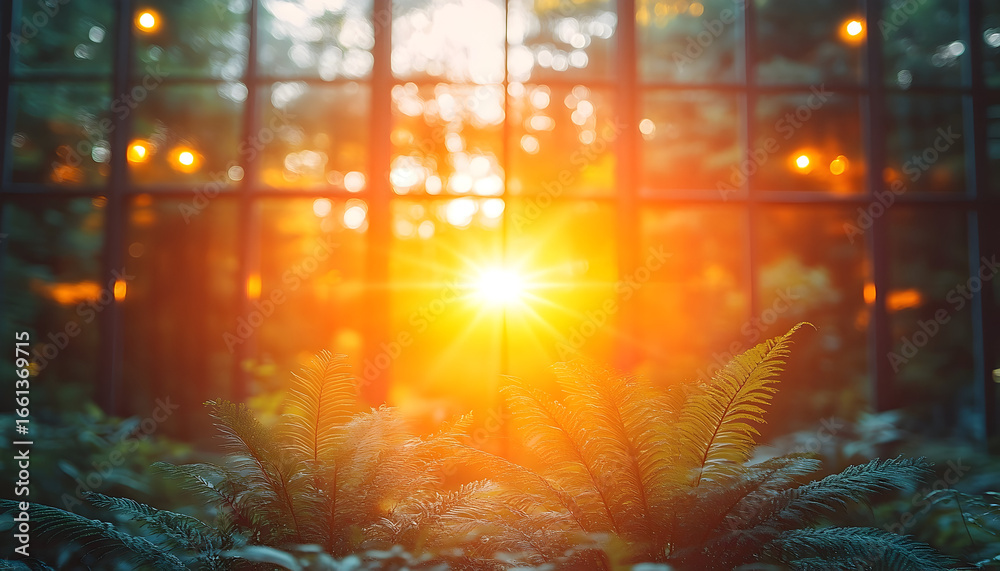 Naklejka premium Golden Sunlight Filtering Through a Greenhouse Window onto Ferns