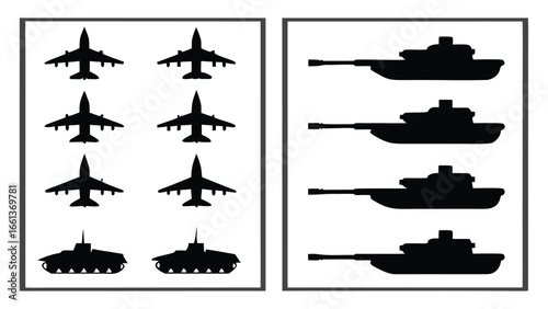 Military aircraft and armored vehicles silhouette jet fighter