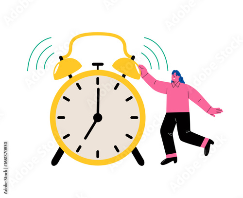 Business woman stand next to big clock. Time management concept. Flat vector illustration isolated on white background