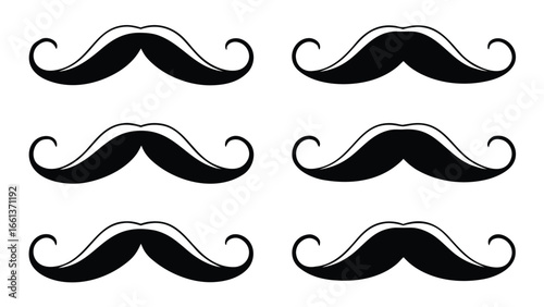 Six black mustaches curled ends white outline