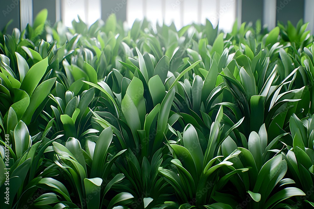 Obraz premium Lush green plants with broad leaves fill the frame, bathed in so