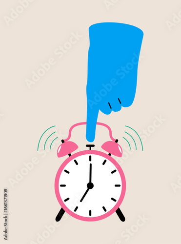 Hand turning off alarm clock. Colorful vector illustration