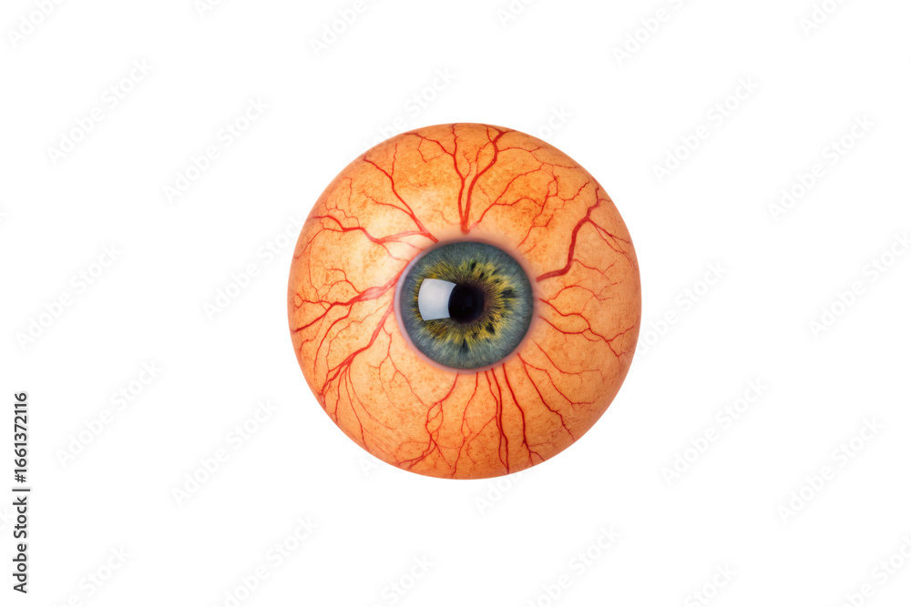 Obraz premium Realistic human eyeball with visible blood vessels and green-brown iris, isolated on a transparent background